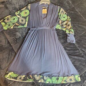 Earthbound Trading Co Boho Peasant Blue Floral Dress Belted Waist Stretch